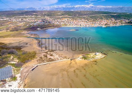 Coastal Town Of Posedarje And Small Island Church Aerial View, Dalmatia Region Of Croatia