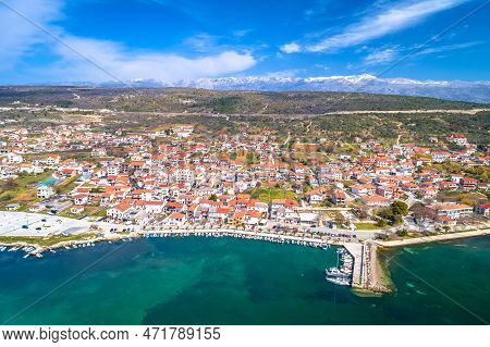 Coastal Town Of Posedarje Waterfront And Velebit Mountain Aerial View, Dalmatia Region Of Croatia
