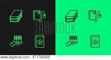 Set Line Audio Book, Book Donation, And Electronic With Mouse Icon. Vector