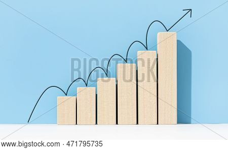 Growth, Increasing Business, Success Process Concept. Increasing Bar Graph With Arrow Going Up On Bl