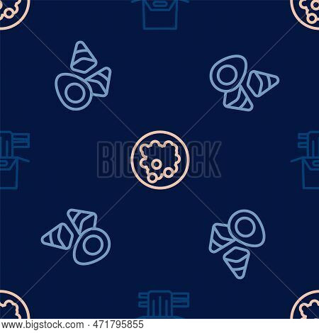 Set Line Asian Noodles In Paper Box, Chicken Egg With Vegerables And Rice Bowl On Seamless Pattern. 