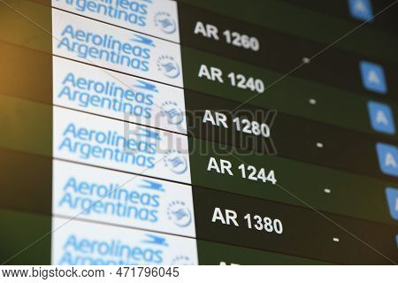 Buenos Aires, Argentina, November 18, 2022: Screen With Information On International Flight Departur