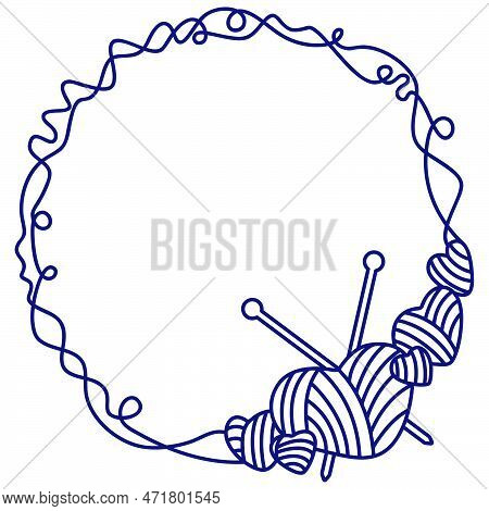 Vector Frame Made Of Yarn In The Form Of Hearts With Knitting Needles. Knitting Threads, Knitting Ne