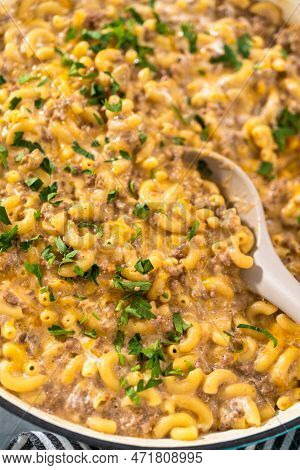 Serving Homemade Hamburger Helper In White Ceramic Bowls.
