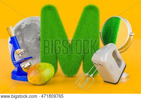 Fluffy Letter M With Moon, Microscope, Mirror, Mixer, Mango. Kids Abc, 3d Rendering On Orange Backgr