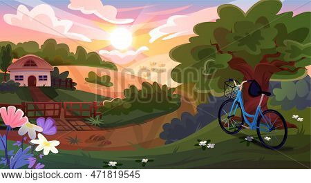 Rural Landscape. Countryside Farm Or Garden Panorama With Barn, Hayloft, Forest Path, Trees And Bicy