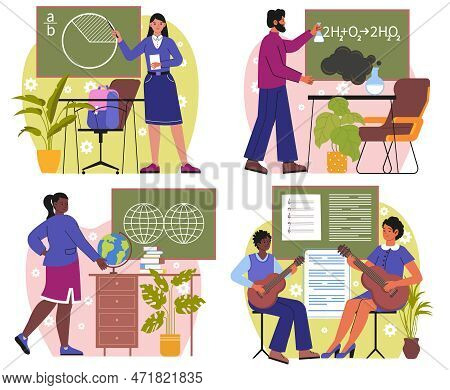 Different School Teachers. Male And Female Professors Stand At Blackboard And Lead Lesson Or Lecture