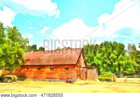 Watercolor Rural Landscape. Barn, Stable In The Village. Cart With Hay, Hedge On The Background Of T