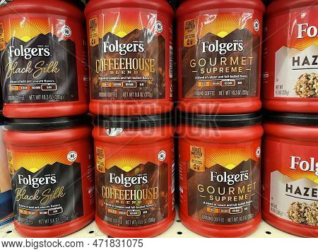 Grovetown, Ga Usa - 09 03 22: Grocery Store Folgers Coffee Canisters Variety
