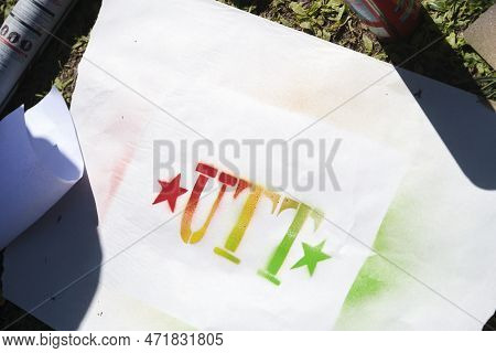 Buenos Aires, Argentina, 21 Sept, 2021: Utt, Land Workers Union, Logo On Stencil During A Protest De