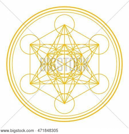 Golden Metatrons Cube, Surrounded And Framed By Three Circles. Mystical Symbol, Derived From The Flo