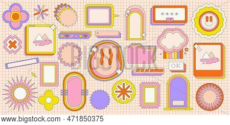 Simple Linear Retro Sticker Set. Vector Flat Frames In 90s Style. Elements For Design
