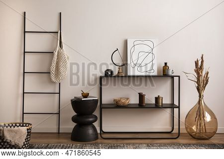 Creative Composition Of Living Room Interior With Mock Up Poster Frame, Black Consola, Round Coffee 