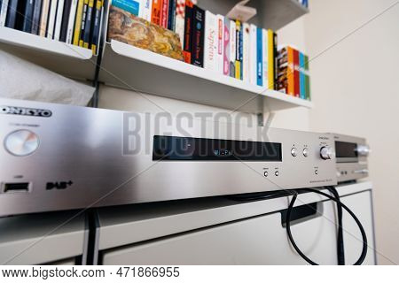 Paris, France - Dec 13, 2022: Testing Wi-fi On Chromecast Built-in, Certified Sign On New Onkyo Ns-6