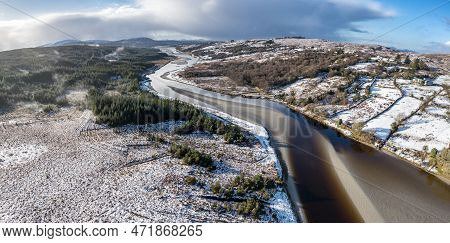 Aerial View Of Snow Covered Gweebarra River Between Doochary And Lettermacaward In Donegal - Ireland