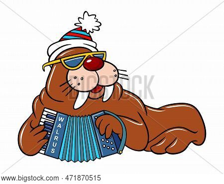 Cartoon Walrus Musician. Cartoon Walrus In A Winter Hat Plays The Button Accordion. Vector Color Ima