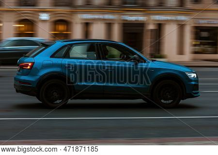 Moscow, Russia - September 2022: Audi Q3 Suv Vehicle On The City Road. Fast Moving Blue Car On Mosco