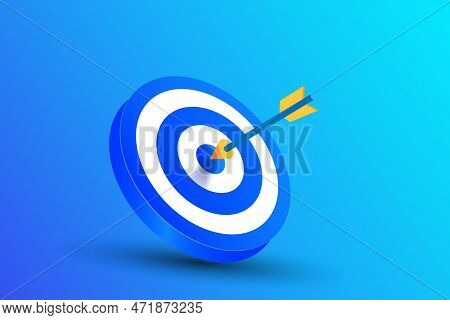 Blue Dart Arrow Hitting In The Target Center Of Dartboard