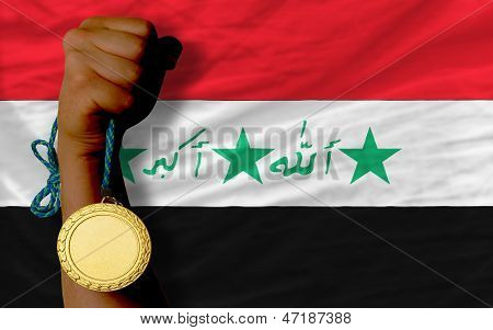Gold Medal For Sport And  National Flag Of Iraq