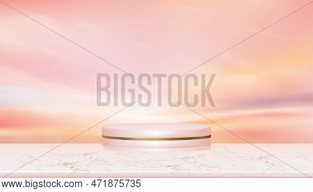 3d Display Podium On Marble Table Top Over Sunset Dust Sky With Clouds,vector Empty Studio Room With
