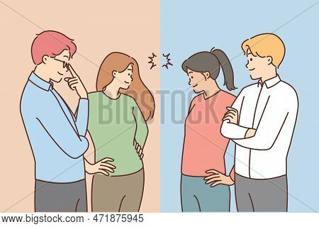 Business Teams Look At Each Other Comparing. Colleagues Or Employees As Competitors Or Rivals. Compe