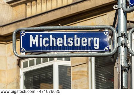 Old Enamel Street Name Sign Michelsweg - Engl:  Michaels Way - In Wiesbaden, Germany.