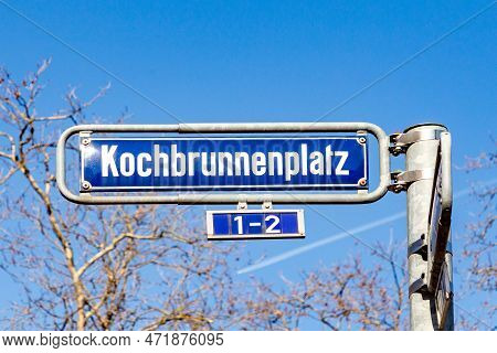 Old Enamel Street Name Sign Kochbrunnenplatz - Engl:  Square Of Boiling Fountain - In Wiesbaden, Ger