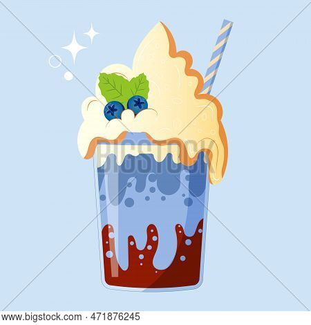 Coffee With Blue Syrop. Coffe With Blueberry, Blue Background. Vector Illustration