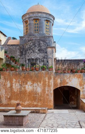 Crete, Greece - September 25, 2017: Exterior View Of Historic Gonia Odigitria Monastery