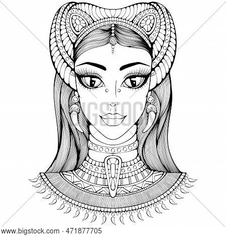 Girl With Cat Ears Cartoon Character. Animation Portrait Of A Stylized Huntress. Vector Illustration