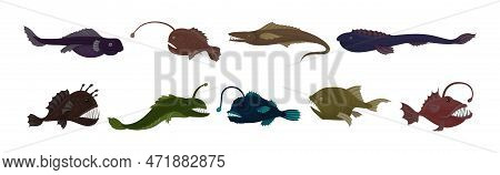 Fish Of The Deep Blue Sea With Toothy Lanternfish Vector Set