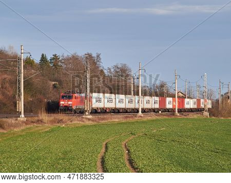 Leitmeritz, Czech Republic - March 03, 2021: Electric Deutsche Bahn Cargo Train With Carriages Holdi