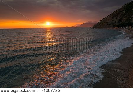 Aerial View Of Sunset Of Bunec Beach Area In Summer 2022, Albania