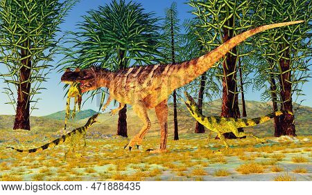 Ceratosaurus Captures Juravenator 3d Illustration - A Carnivorous Theropod Ceratosaurus Dinosaur Kil