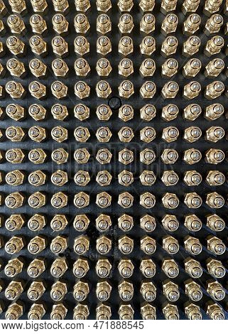 Top View Of A Batch Of Valves With A Stainless Steel Ball And Brass Body, Manufacture And Assembly O