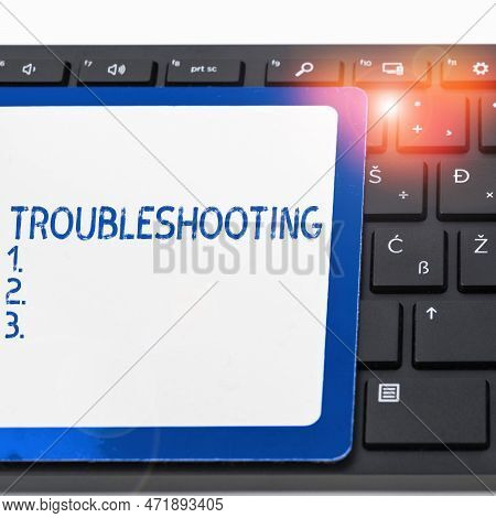 Text Caption Presenting Troubleshooting. Business Showcase An Act Of Investigating Or Dealing With I