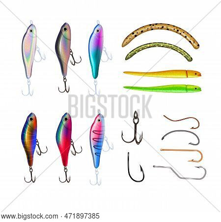 Fishing Equipment Realistic Set With Isolated Icons Of Ledger Hooks And Colourful Jigs With Spoon Ba