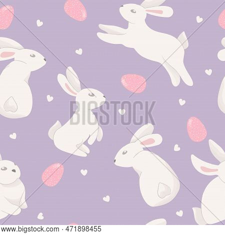 Easter Rabbit Pattern. Seamless Pattern With Rabbit, Eggs. Vector Illustration In Flat Style. Patter