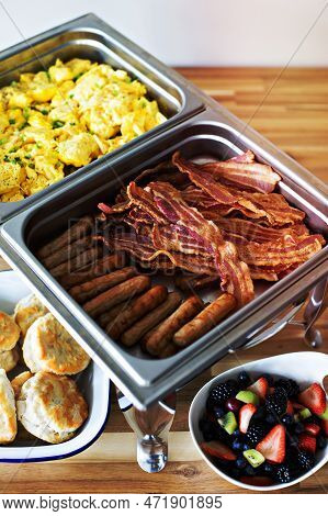 Breakfast Buffet With Scrambled Eggs, Sausage And Bacon