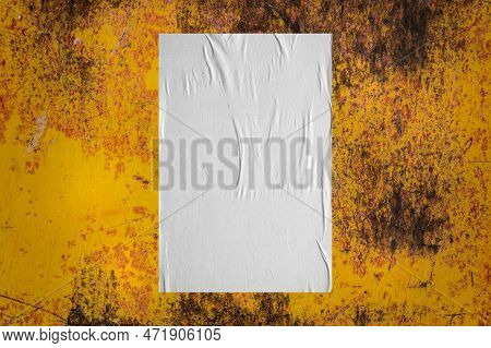 Blank White Wheatpaste Glued Paper Poster Mockup On Old Metal Wall Background