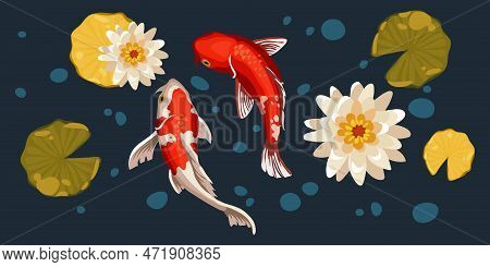 A Set Of Orange Koi Fish, Lily Buds And Leaves On A Blue Background With Bubbles. Asian Set Of Float