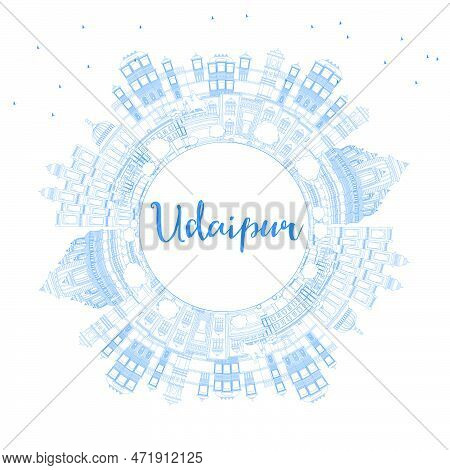 Outline Udaipur India City Skyline With Blue Buildings And Copy Space. Vector Illustration. Business