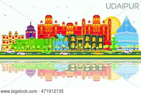 Udaipur India City Skyline With Color Buildings, Blue Sky And Reflections. Vector Illustration. Busi