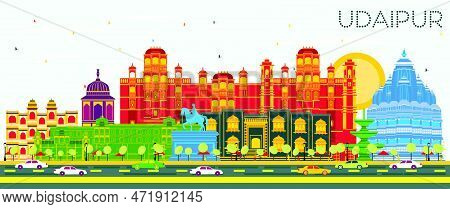 Udaipur India City Skyline With Color Buildings And Blue Sky. Vector Illustration. Business Travel A