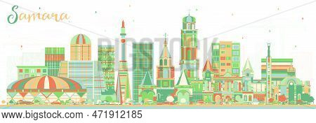 Samara Russia City Skyline With Color Buildings. Vector Illustration. Business Travel And Tourism Co