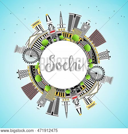 Sochi Russia City Skyline With Color Buildings, Blue Sky And Copy Space. Vector Illustration. Busine