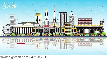 Sochi Russia City Skyline With Color Buildings, Blue Sky And Reflections. Vector Illustration. Busin