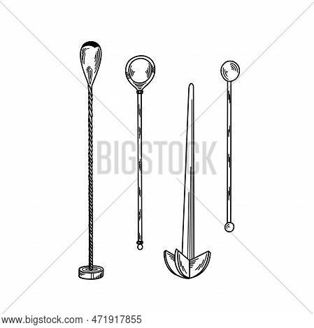 Cocktail Supplies In A Bar, Barspoon, Juicer, Lineart Style Drink Stirrer On White Background