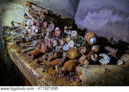 Old Rusty Ammo, Tank Shells, Mines And Grenades, Dug Out After Demining