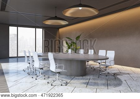 Modern Dark Meeting Room Interior With Furniture, Window With City View And Daylight. Boardroom Conc